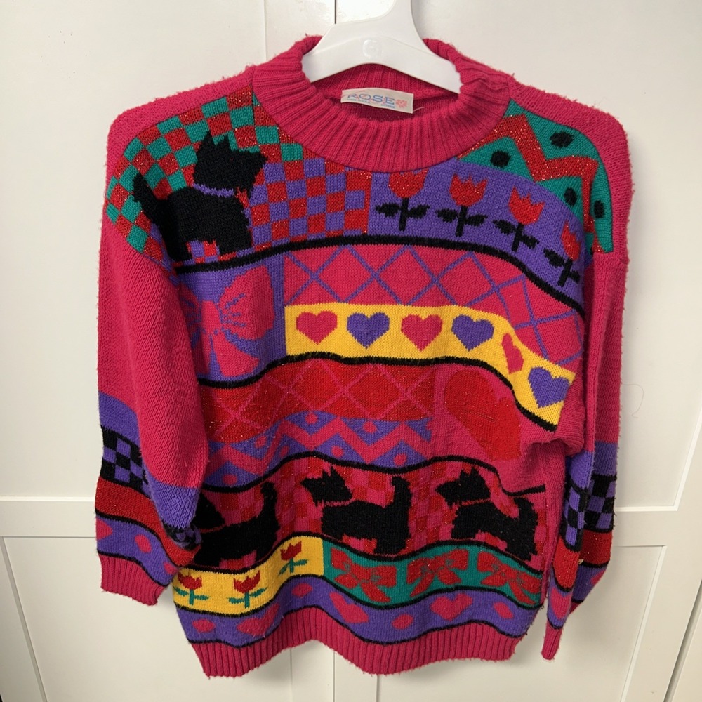 Rose Vtg 80s‎ Womens M-L Sweater Pink Heart Flowers Scottie Scottish Terrier Dog